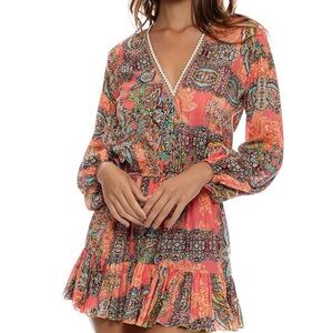 Luli Fama Paisley Long Sleeve Dress - Coral and Blue